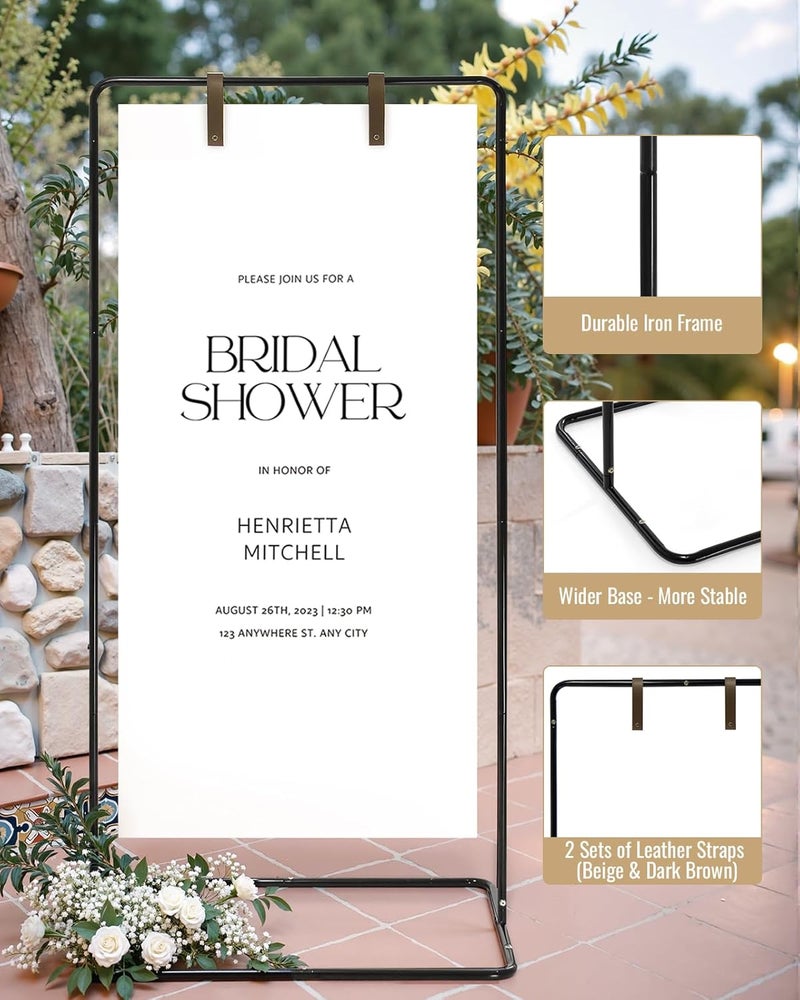 Victawks Wedding Welcome Sign Stand, Welcome to our Wedding Sign Holder, Black Easel Stand for Sign Poster With Design Bundle & Ground Stakes & Leather Sign Hanging Straps, Linen Sign Stand for Wedding Decor - Image 4